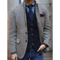 Chaleco De Lana Herringbone Para Hombre Corte Slim Casuál Chaqueta De Lujo Diseñadora Conjunto De Traje Un Piezas - details 2