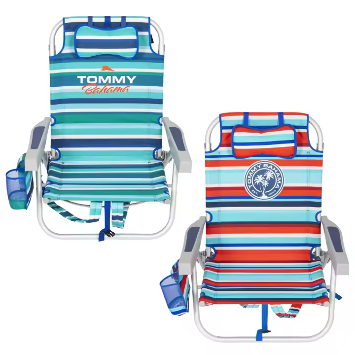 PACK 2 Sillas de Playa Tommy Bahama Reclinable 5 Posiciones - Hamaca de Playa Tommy Bahama Reclinable 5 Posiciones - Tumbona Plegable, Ligera y Resistente, Con Mochila, Almohada, Portavasos y Bolsillos Térmico - Aluminio y Poliéster - 1