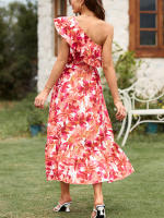 Nuevo Vestido Bohemio Para Mujer Verano 2025 Sin Mangas Hombro Solo Cintura Elástica Volantes Siluetas A-Line Cuello Diagonal Talla Suave - details 2
