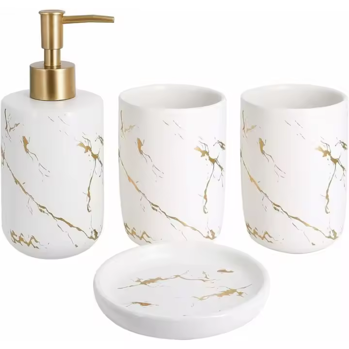 Juego de 4 accesorios de cerámica para baño, dispensador de jabón, vasos, jabonera, blanco - 1