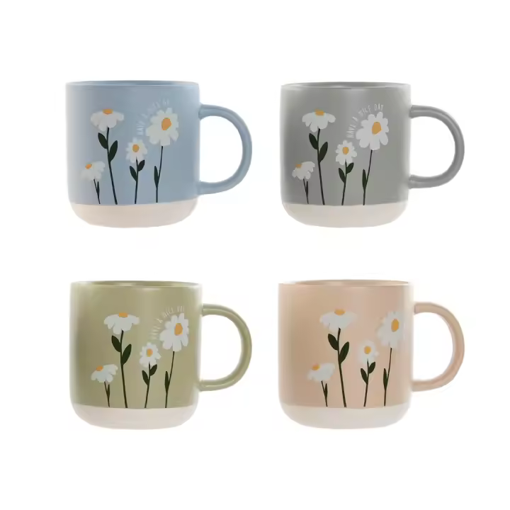 Set de tazas mug porcelana 365ml diseño floral margaritas con acabado mate, medidas 12x8.5x9.3cm. Estilo moderno y minimalista ideal para café, té, cocina, comedor, oficina, regalo o decoración - 1