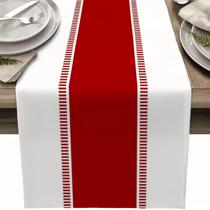 1PC rojo corredor de mesa de lino estampado de rayos estilo rustico para decoración de comedor y fiesta en casa - 1