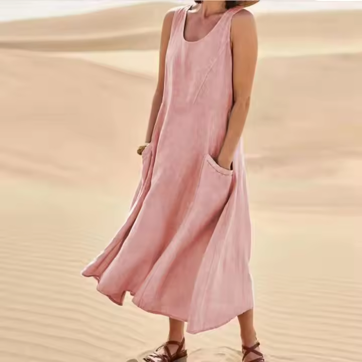 Vestido Sin Mangas De Algodón Y Lino Para Mujer Vestido De Verano Casual Cuello En V Largo Hasta La Rodilla Con Bolsillos - 1