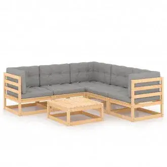 VIDAXL 3076779 conjunto de jardín con 6 piezas de mesa con sofás en madera de pino y cojines color gris vida xl - 1