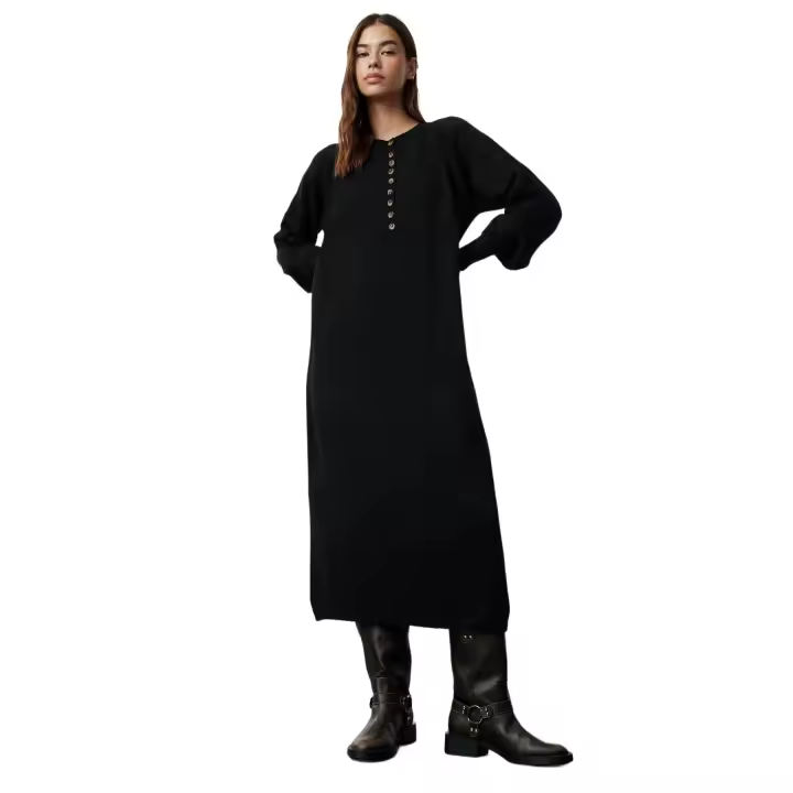 Trendyol Black Balloon Sleeve Soft Texture Buttoned Knit Dress Tctaw25Eb00028 - 1