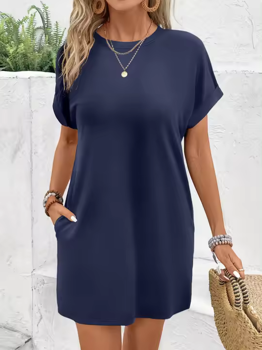 Vestido Corto De Color Sólido Con Cuello Redondo Cintura Ajustada Y Falda A-line Que Esculpe Y Oculta Las Imperfecciones. Hecho De Alta Elasticidad Y Poliéster Para Mujer. - 1