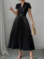 Vestido Elegante De Satén Para Mujer Con Cinturón Y Manga Corta En Color Negro Estilo A-Line Collar Turn-Down Para Oficina Ropa Casual - details 2