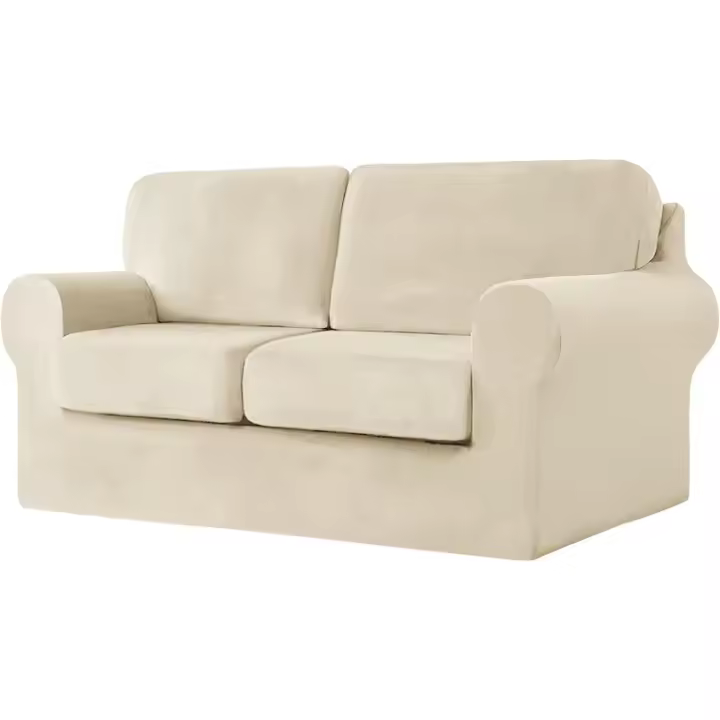 Funda de sofá con cojines de asiento y respaldos separados, funda elástica de terciopelo para sofá, protector de muebles dividido combinado (beige, juego grande de 2 asientos, 5 piezas) - 1