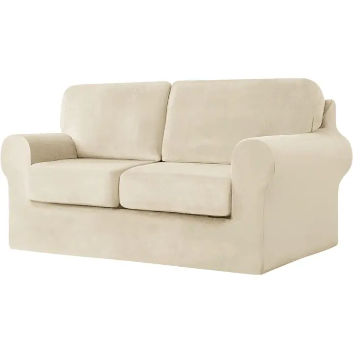 Funda de sofá con cojines de asiento y respaldos separados, funda elástica de terciopelo para sofá, protector de muebles dividido combinado (beige, juego grande de 2 asientos, 5 piezas) - 1