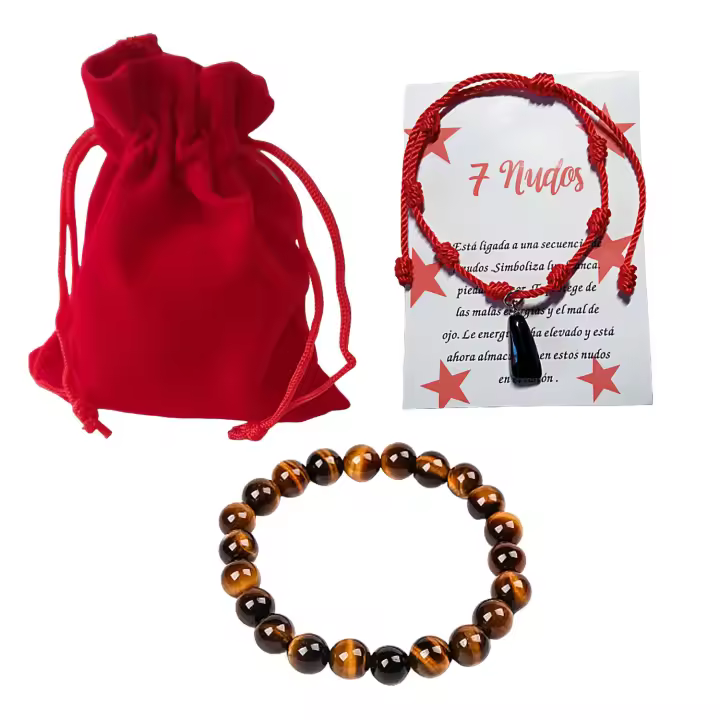 MercaBeauty - Pack Pulsera Ojo de Tigre y Pulsera 7 nudos roja - Limpia, purifica y aleja energías negativas - 1
