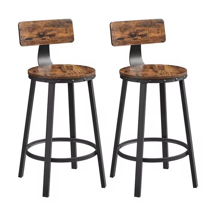 Taburetes de bar con respaldo, set de 2 unidades, estilo industrial, marco de acero, montaje sencillo, asiento elevado para cocina, marrón rústico y negro - 1