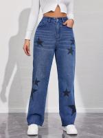 Jeans De Cintura Media Para Mujeres Con Estampado De Estrellas Pantalones De Mezclilla Sueltos Y Largos Estilo Casual - details 2