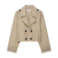 Chaqueta De Trench Corta Para Mujer Estilo Vintage Cuello Enrollado Manga Larga Abotonada Doble Botones Outerwear Chic Tops - details 3