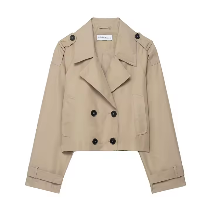 Chaqueta De Trench Corta Para Mujer Estilo Vintage Cuello Enrollado Manga Larga Abotonada Doble Botones Outerwear Chic Tops - 1