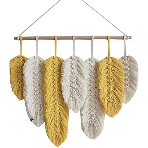 Woven Tapestry, Handmade Macrame Wall Hanging with Woven Cotton Feathers - For Living Room, Doorway, Porch, Bohemian Decor - 1