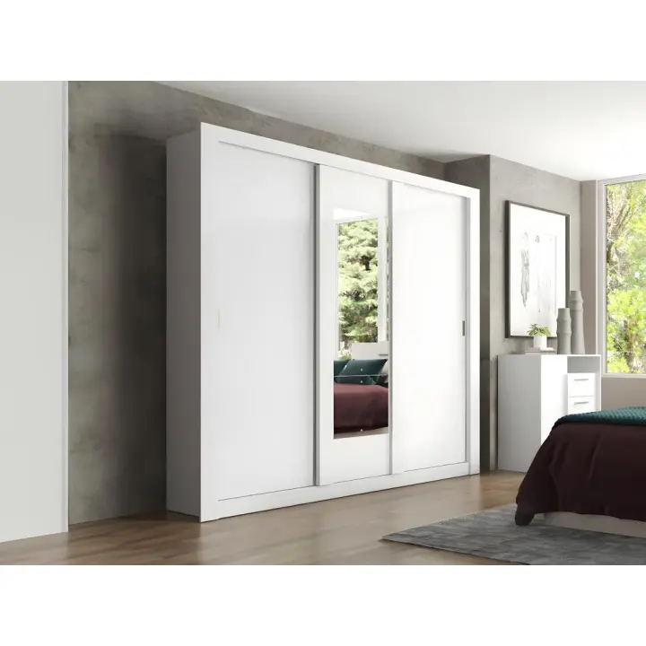 Vente-unique - Armario con espejo ROXANE - 3 puertas correderas – Ancho 220 cm - Blanco - 1