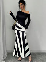 Vestido Maxi Para Mujer Elegante Y Casual En Negro Y Blanco Patchwork Slim De Poliéster Para Otoño Moda Streetwear - details 2