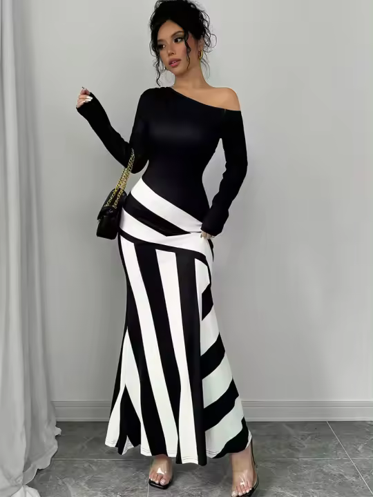 Vestido Maxi Para Mujer Elegante Y Casual En Negro Y Blanco Patchwork Slim De Poliéster Para Otoño Moda Streetwear - 1