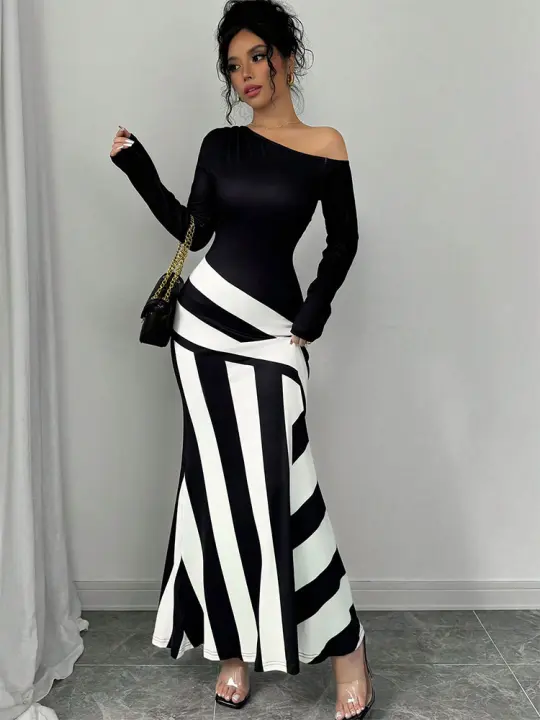 Vestido Maxi Para Mujer Elegante Y Casual En Negro Y Blanco Patchwork Slim De Poliéster Para Otoño Moda Streetwear - 1
