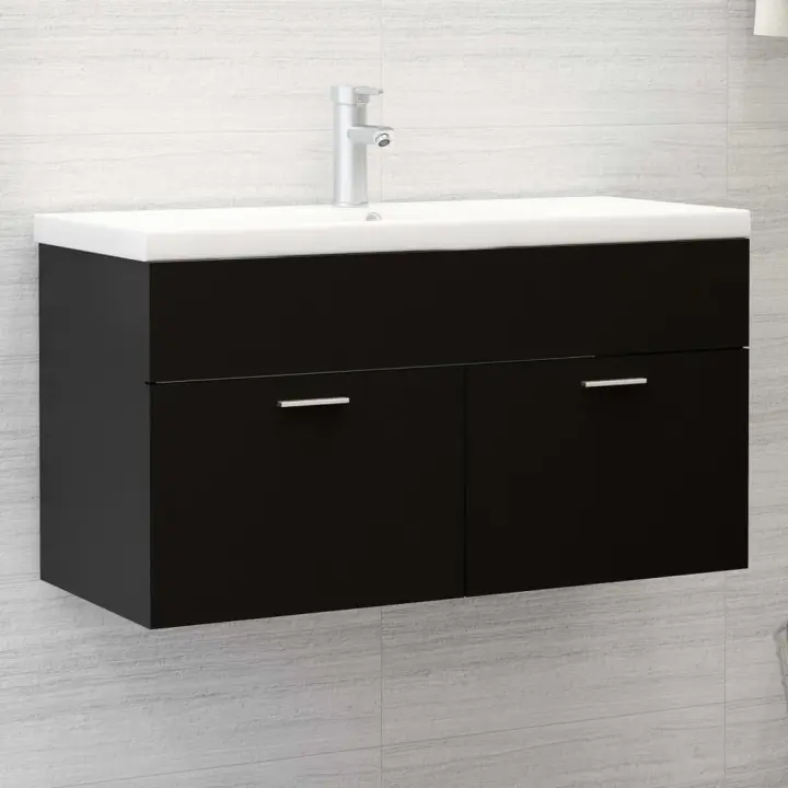 vidaXL Armario para lavabo madera contrachapada 90x38,5x46 cm en color Negro/Blanco y roble sonoma/Gris hormigón y más | almacenamiento funcional diseño moderno para baño dormitorio sala - 1
