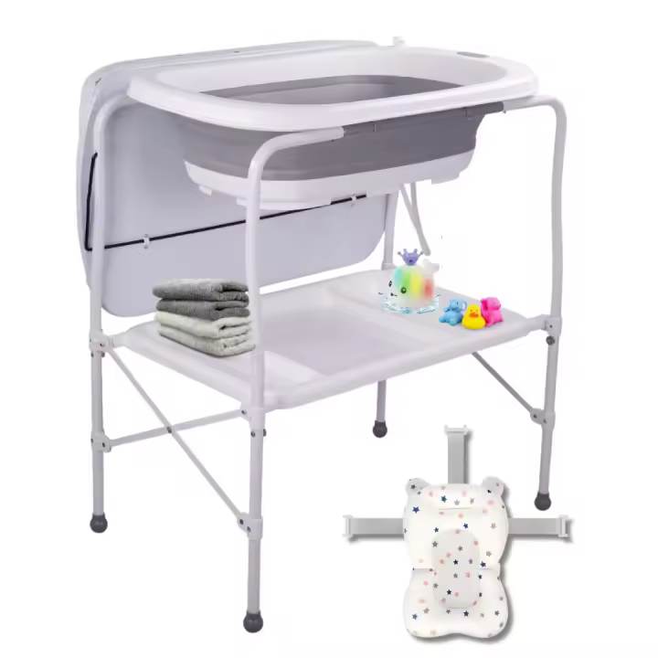 BATHBY Bañera Bebé Plegable  con Soporte BATHBY: Con Cambiador, Bandejas, Desagüe con Tubo y Soporte para Ducha. Incluye Juguetes y Accesorios como Toallas, Termómetro, Cojín y Dispensador de Agua perfecto para bebés de entre 0 a 2 años (color Gris Pro) - 1