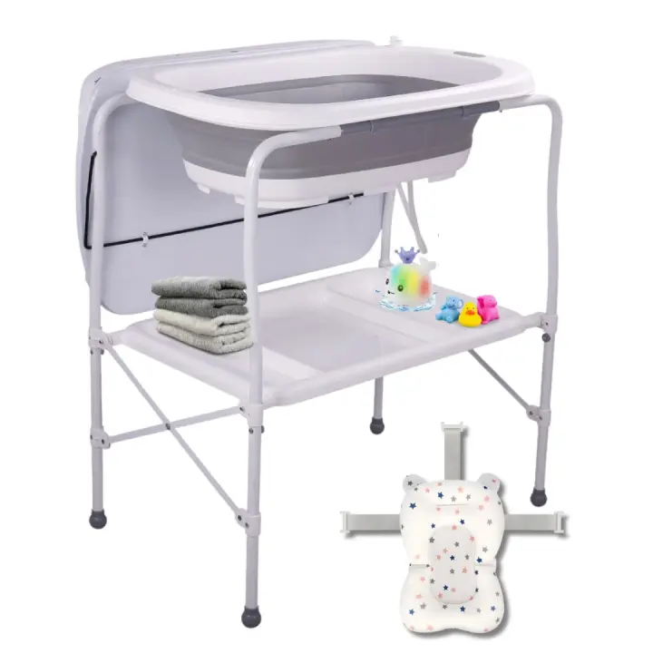 BATHBY Bañera Bebé Plegable  con Soporte BATHBY: Con Cambiador, Bandejas, Desagüe con Tubo y Soporte para Ducha. Incluye Juguetes y Accesorios como Toallas, Termómetro, Cojín y Dispensador de Agua perfecto para bebés de entre 0 a 2 años (color Gris Pro) - 1