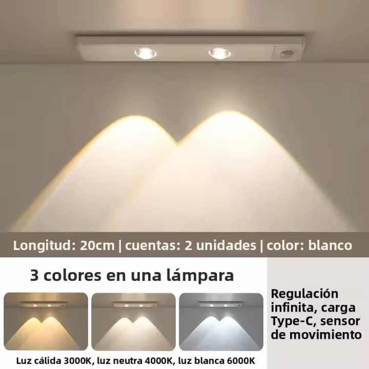 Luz LED Blanco/ Negro Recargable USB Con Sensor De Movimiento Para Iluminación De Armarios Y Cocinas Tamaños 20CM/30CM/40CM/50CM - 1