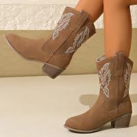 Botas De Mujer Café Marrón Con Bordado PU Cuero Suela De Goma Tacón Bajo Plataforma Alta Botas Occidentales Estilo Country Clásicas Cuello Alto - details 4