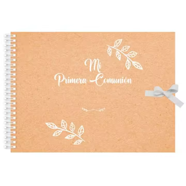 Tradineur - Libro de Primera Comunión personalizable, diseño hojas, incluye pegatinas y cierre con lazo, dedicatorias, regalos, niños - 27,5 x 23 cm - 1
