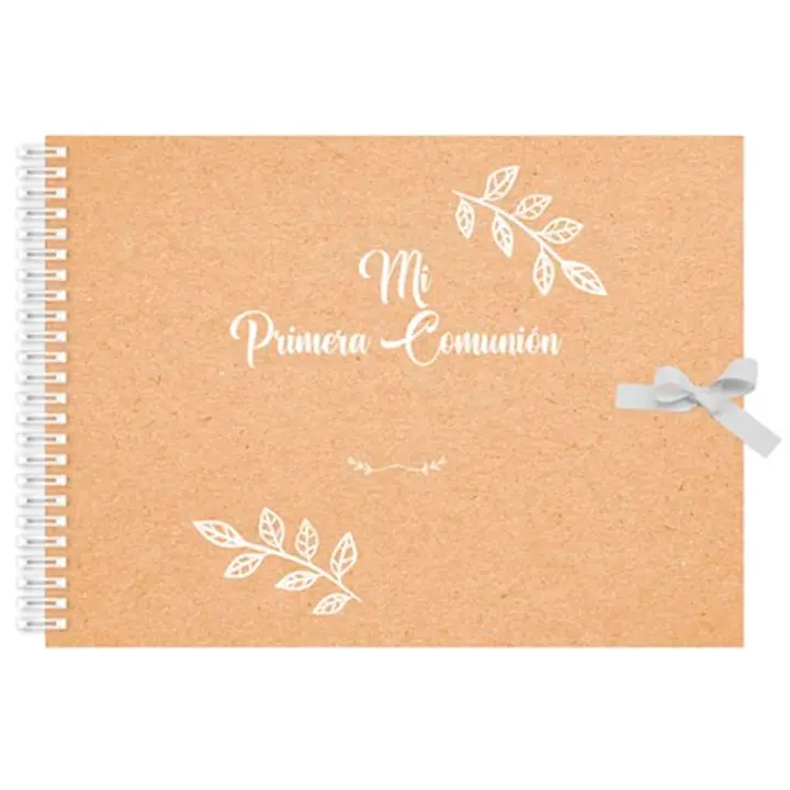Tradineur - Libro de Primera Comunión personalizable, diseño hojas, incluye pegatinas y cierre con lazo, dedicatorias, regalos, niños - 27,5 x 23 cm - 1
