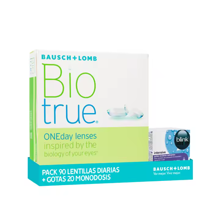 Biotrue ONEday Lentes de Contacto Diarias – 90 Unidades + Blink Intensive Gotas Oculares 20x0,4 ml | Hidratación 16h | 78% Agua | Filtro UV | Alivio para Ojos Secos e Irritados | Sin Conservantes - 1