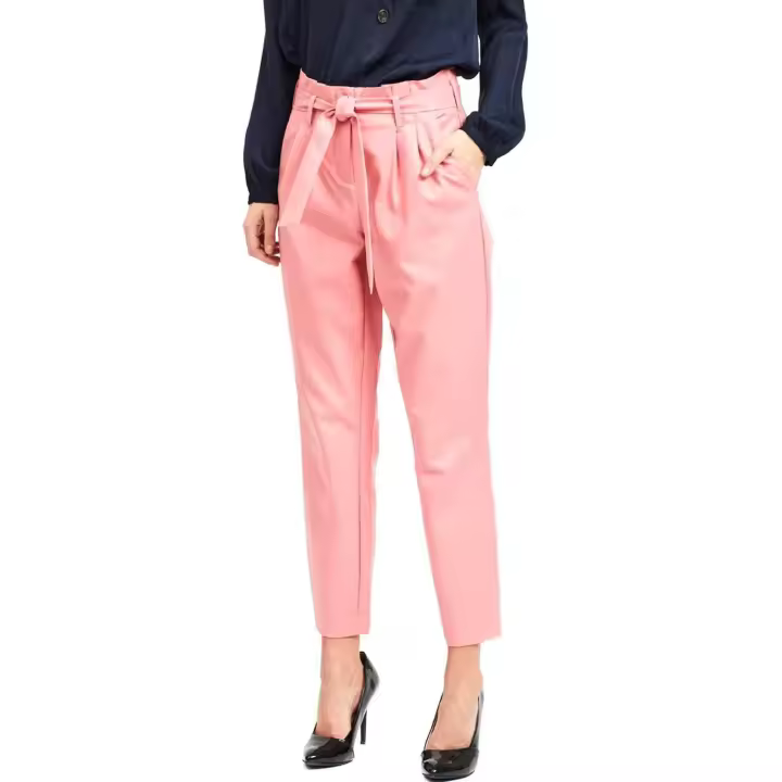 Pantalón Vila Sofina Rosa Mujer - Tiro Alto - Estilo Paper Bag - Cierre Gancho y Cremallera - Lazo Ajustable - Diseño con Pinzas - Largo Tobillo - 1