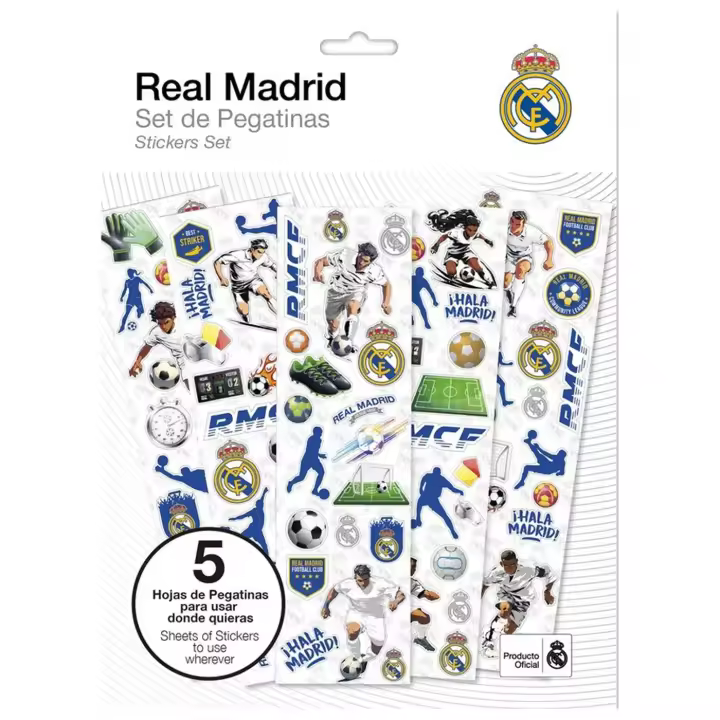 Real Madrid Pegatinas, Set de 5 Hojas de Pegatinas Real Madrid, Pegatinas de Fútbol para Niños y Niñas, Stickers Escudo Real Madrid, Pegatinas Infantiles, Regalo Cumpleaños - 1
