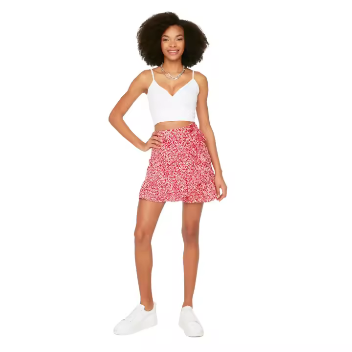 Trendyol Orange Printed Ruffle High Waist Mini Stretch Knitted Skirt Twoss21Et0010 - 1