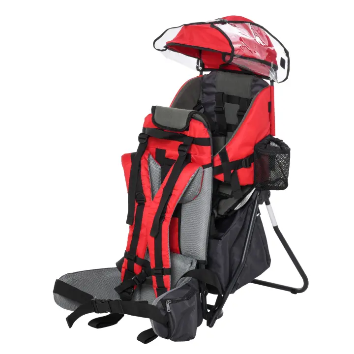 HOMCOM Mochila Portabebés Plegable Portador de Bebé Ergonómica con Techo Impermeable Base de Soporte y Múltiples Bolsillos para 6-36 Meses Carga 15 kg 38x77x87,5 cm - 1