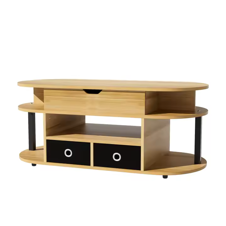 Mesa de Centro Moderna de Madera veteada con función elevadora, Espacio de almacenamiento y bolsillos de Tela Negra-Versátil, elegant y práctica para salones y despachos - 1