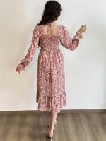 Vestido Midi De Mujer Casual Primavera Otoño Largo Manga Cuello Abierto Floral Impresión A-Line Vestido De Chiffón Con Cintura Elástica Y Cremallera En La Cintura - details 22