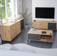 Meimon Mueble TV BROOKLYN 130x41x47 cm, con 2 puertas y 2 cajones, melamina TIPO E1, cantos PVC 0,6 mm, patas ABS negras, apertura “PUSH”, guías metálicas, acabado Roble Nodi y Gris Antracita, peso máx. 40 kg - details 1