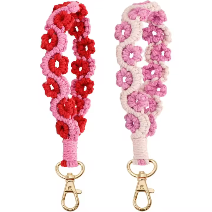 2 llaveros de macramé de tejido de margaritas, hechos a mano, cordón de muñeca, llavero de cuerda bohemia, soporte para teléfono para mujeres y niñas, Rosa rojo+púrpura - 1