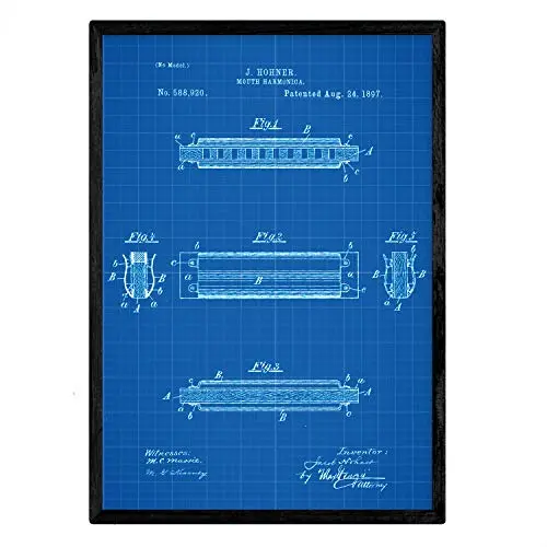 Nacnic Poster Con Patente De Harmonica 2. Lámina Con Diseño De Patente Antigua En Y Con Fondo Azul - 1
