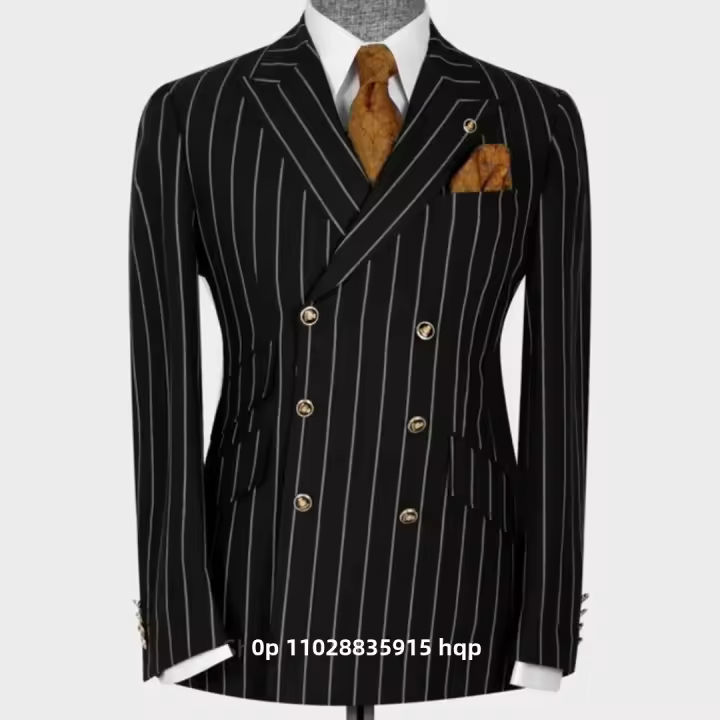 Traje De Moda Para Hombre Negro Y Blanco Con Rayas Diseño Dual De Botones 6 Slim Fit Solapa Doble Traje Formal Para Negocios - 1