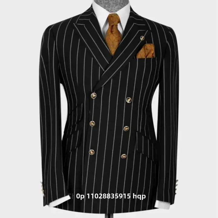 Traje De Moda Para Hombre Negro Y Blanco Con Rayas Diseño Dual De Botones 6 Slim Fit Solapa Doble Traje Formal Para Negocios - 1