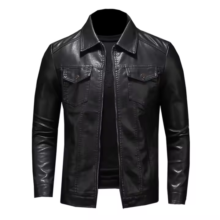 Chaqueta De Cuero Motorizado Para Hombre Talla Grande Con Bolsillos Cierre De Cremallera Negro Estilo Slim Fit Para Primavera Otoño - 1