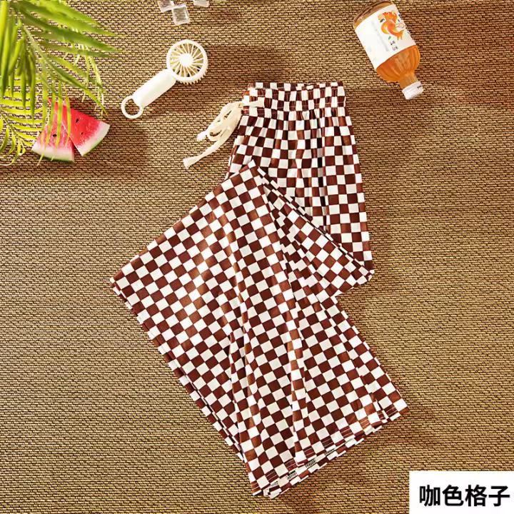 Pantalones Anchos Para Mujer Verano Finos Cintura Alta Drapé Versátil Seda Hielo Cuadros Frescos Pantalones Rectos De Pierna Larga - 1