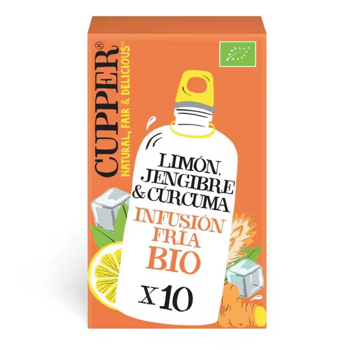 CUPPER - Infusión Fría con Limón, Jengibre y Cúrcuma 10 x 27 g, Infusión Ecológica, Propiedades Refrescantes y Digestivas, con Citronella e Hibisco Blanco, Potente Antioxidante, Ingredientes Naturales - 1
