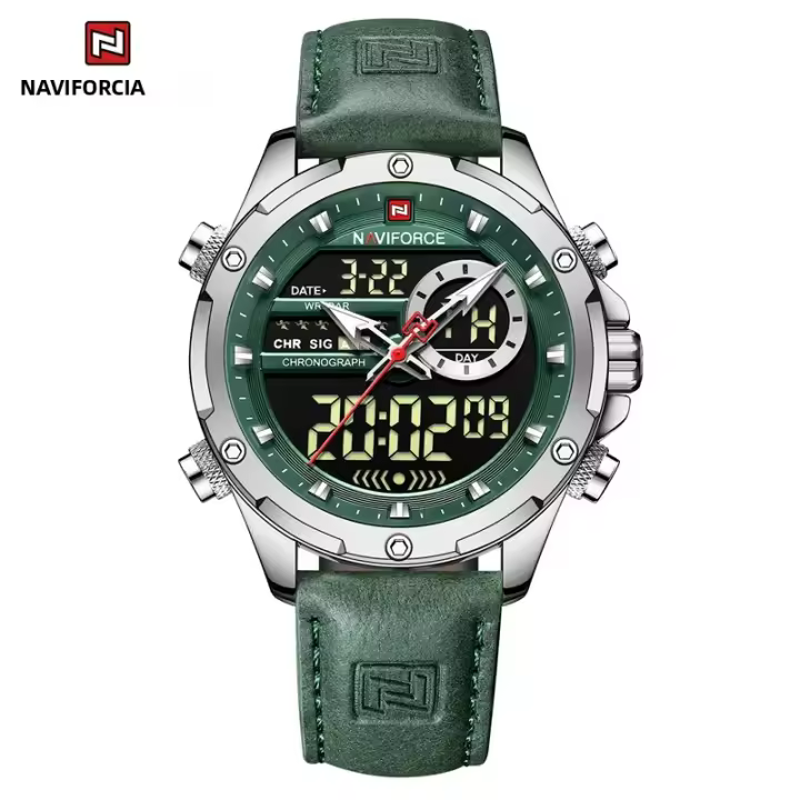 Reloj De Pulsera Deportivo De Lujo NAVIFORCE Para Hombres Cronógrafo Alarma Cuarzo Resistente Al Agua Con Display Analógico Y Digital Correa De Cuero 9163 - 1