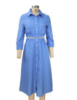 Conjunto De Vestido Elegante Para Mujer BAMBOOBOY Azul Rayado Con Manga Larga Botones Y Shorts Camisa De Cuello En V Y Falda Plisada Cintura Alta Talla MÁS GRANDE Estilo De Calle Moda Verano - details 2