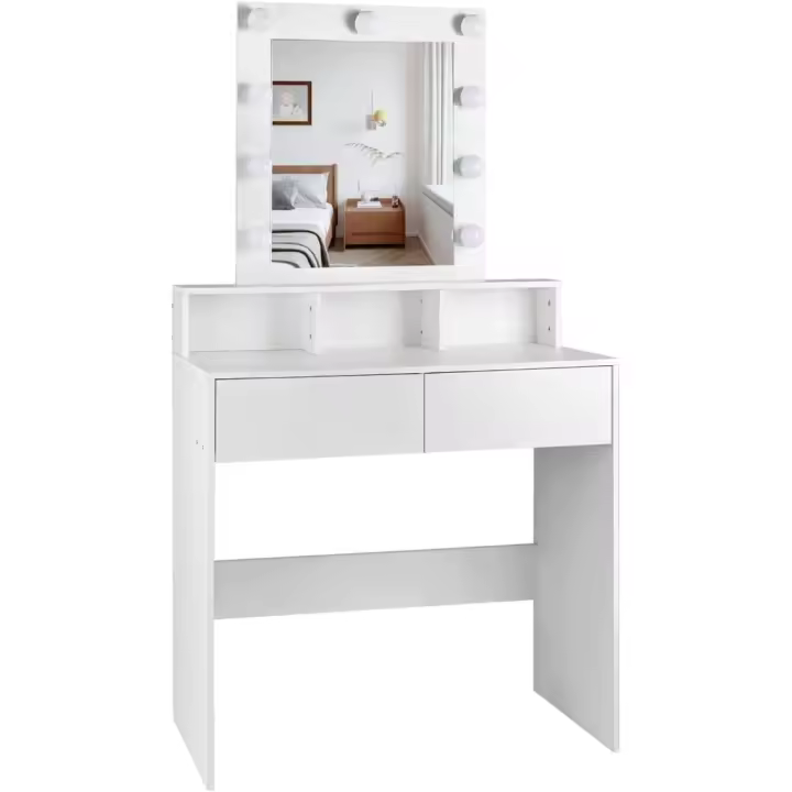 T-Lovendo Tocador de maquillaje con Luz | Mueble tocador con Espejo 2 cajones y estantes de almacenamiento | Mesa de maquillaje moderno blanco para dormitorio, cómoda organizadora cosméticos y joyas - 1