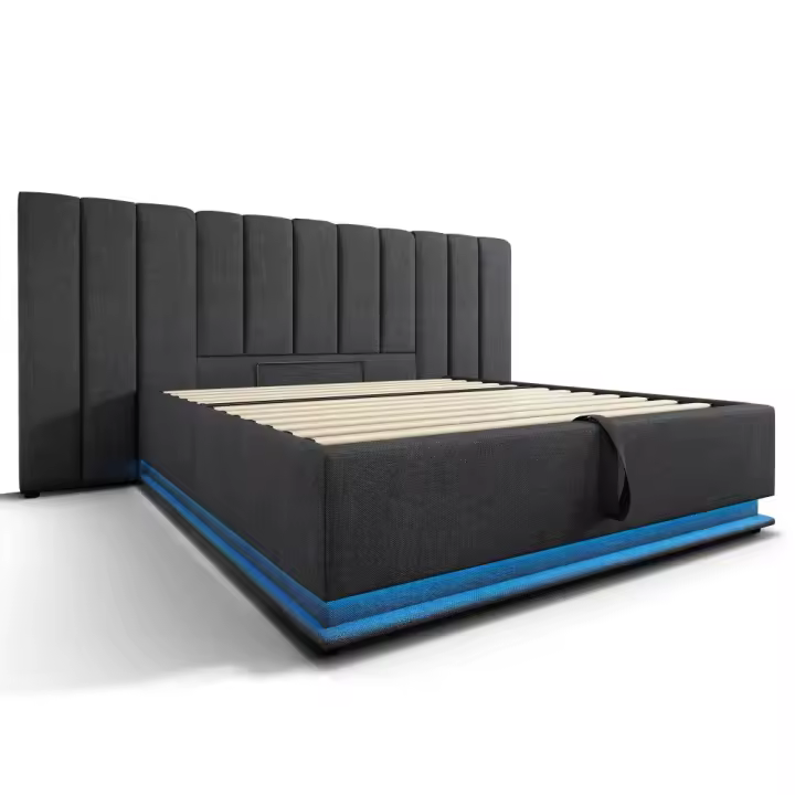 Cama Doble Moderna Inteligente | 160x200/180x200 | Con Almacenamiento + APP LED Controlable + Carga USB-C | Ecológico Lino Gris Anthracita | Somier Metálico | Sin Cogín - 1
