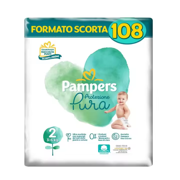 Pampers Protección pura (naturello) - Pañales talla 2 (3-6 kg), 108 unidades (4 x 27 unidades), 0% perfume - 1